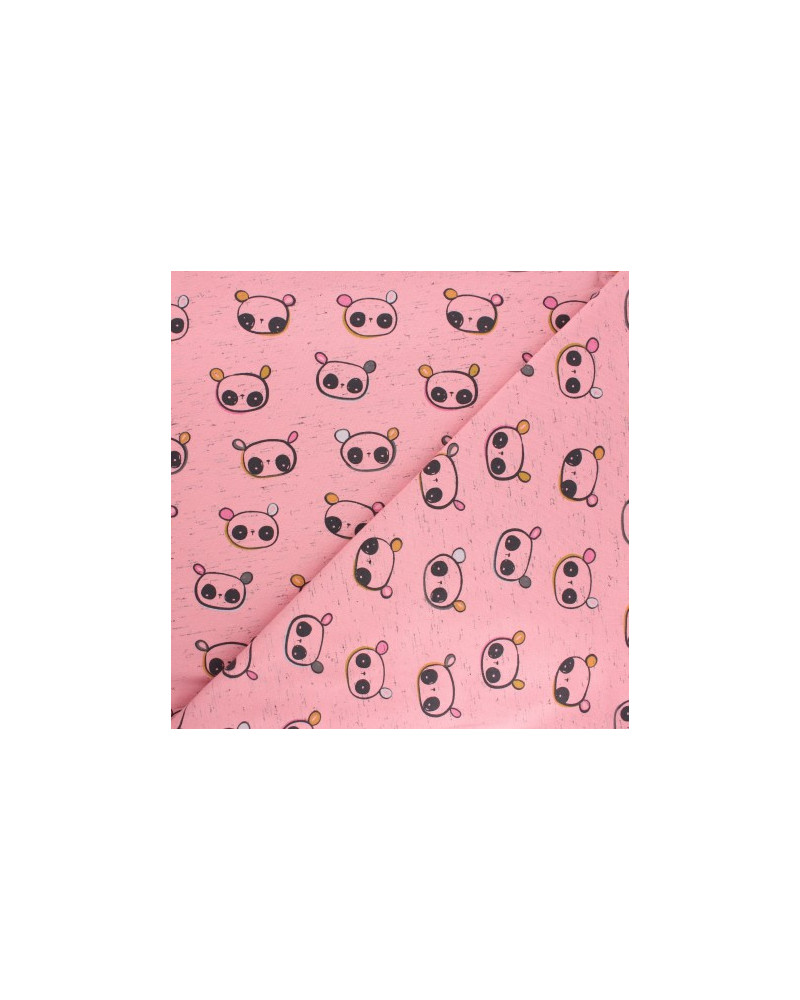 Tela ideal para camisetas de niños. Con fondo rosa y estampado de pandas